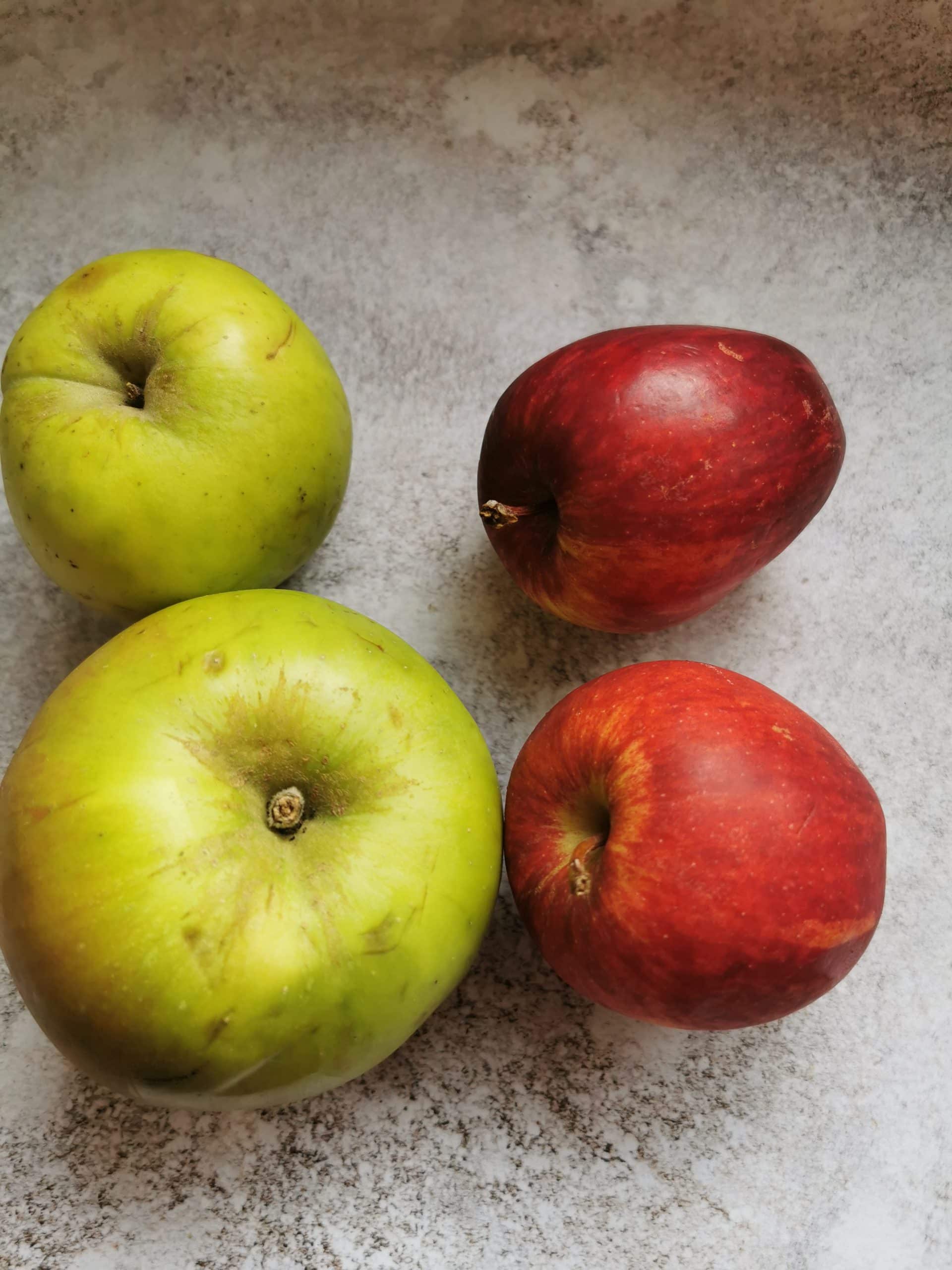 two green apples and two red apples on a grey background