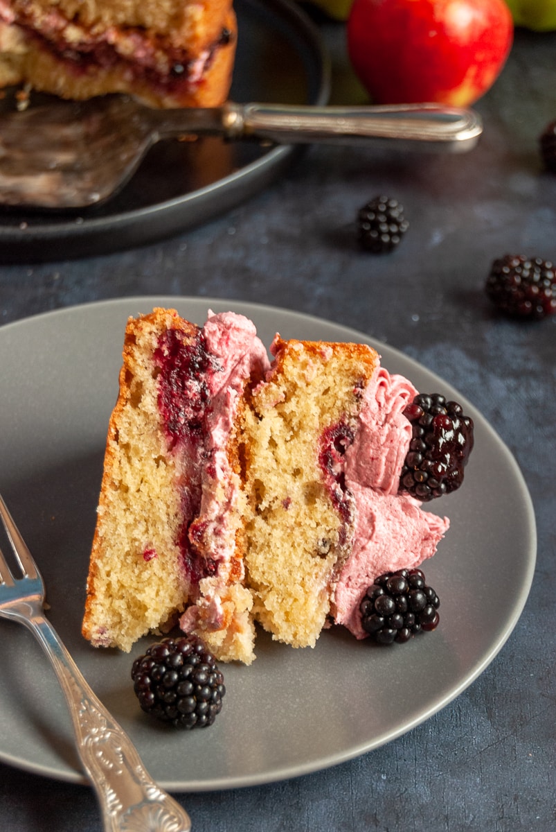 A slice of apple and blackberry cake on a grey plate with apples and blackberries in the background for an Autumnal scene 
