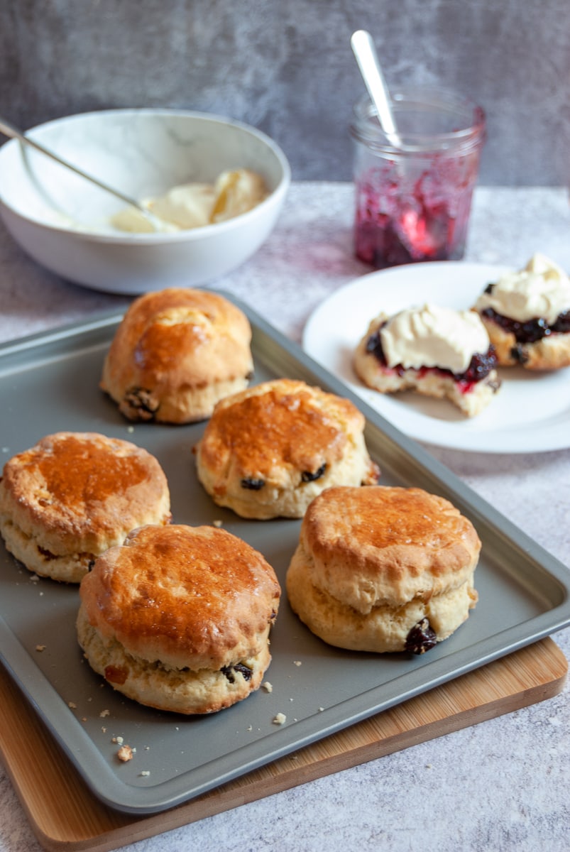 A silver baking tray of fruit scones, a white Plate with a scone with jam and cream, a jar of cream and a bowl of whipped cream 