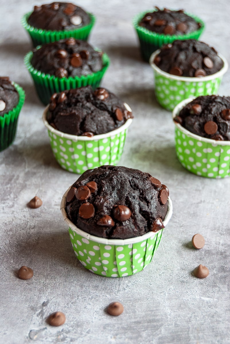 a batch of chocolate zucchini muffins with chocolate chips in green and white spotted muffin cases. chocolate chips are sprinkled all around the muffins