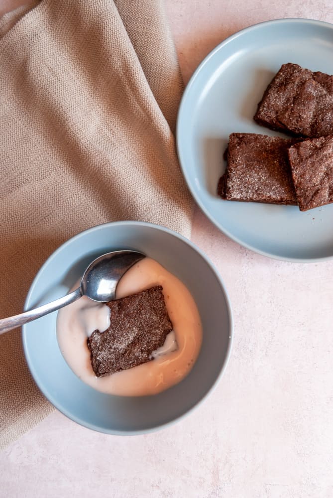 An overhead image of a blue bowl with a slice of chocolate cake and pink custard with a silver spoon, a grey napkin and a blue plate of chocolate slices sprinkled with sugar. 