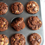 an overhead image of a silver pan of chocolate chip muffins