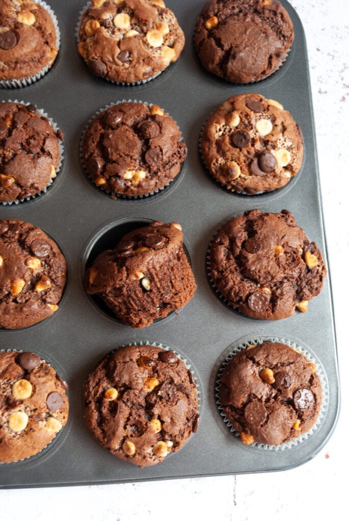 an overhead image of a silver pan of chocolate chip muffins