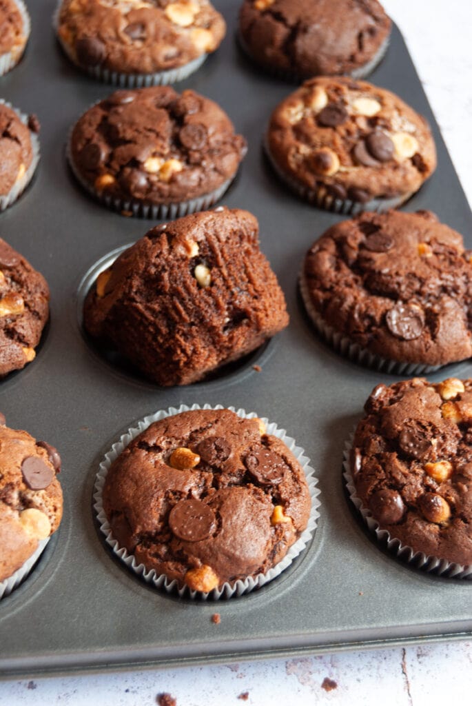 a picture of a silver pan of chocolate chip muffins