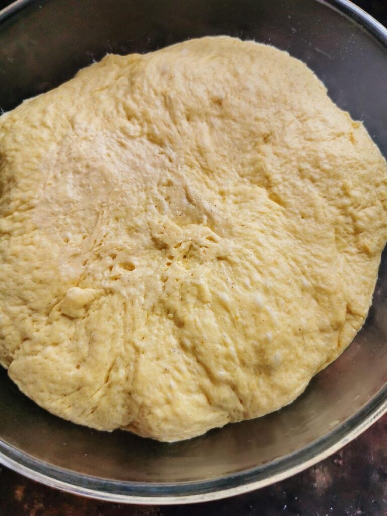 pumpkin bread dough proving in a bowl.