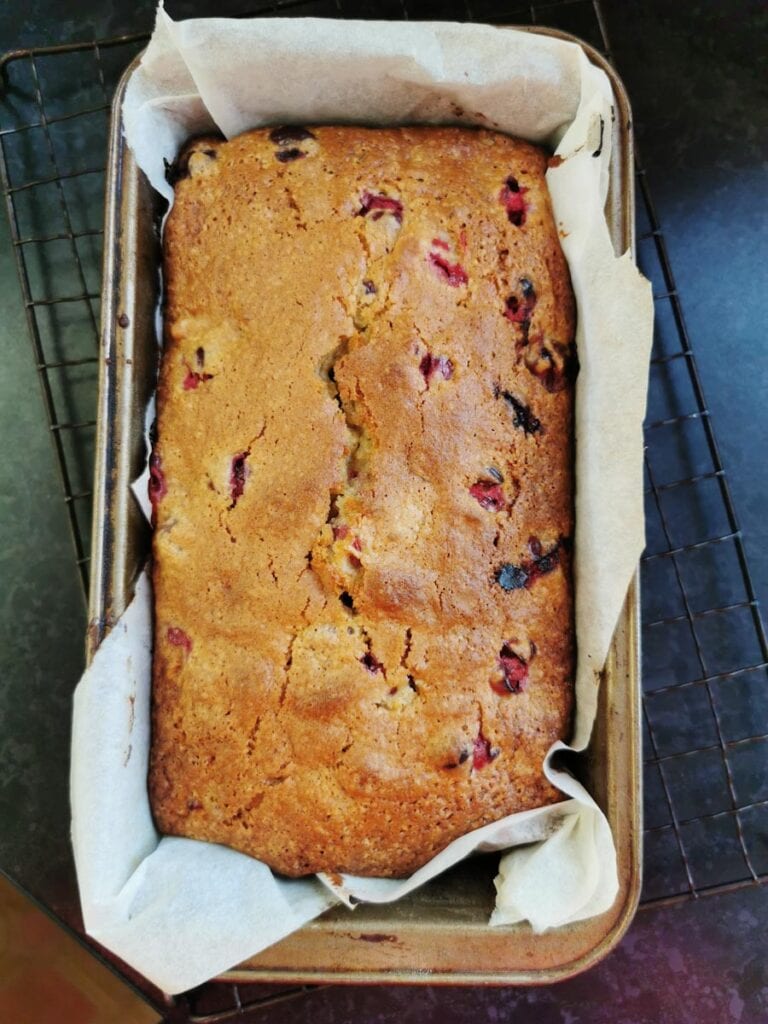 a freshly baked orange and cranberry loaf cake in a loaf pan sitting on a wire cooling rack.