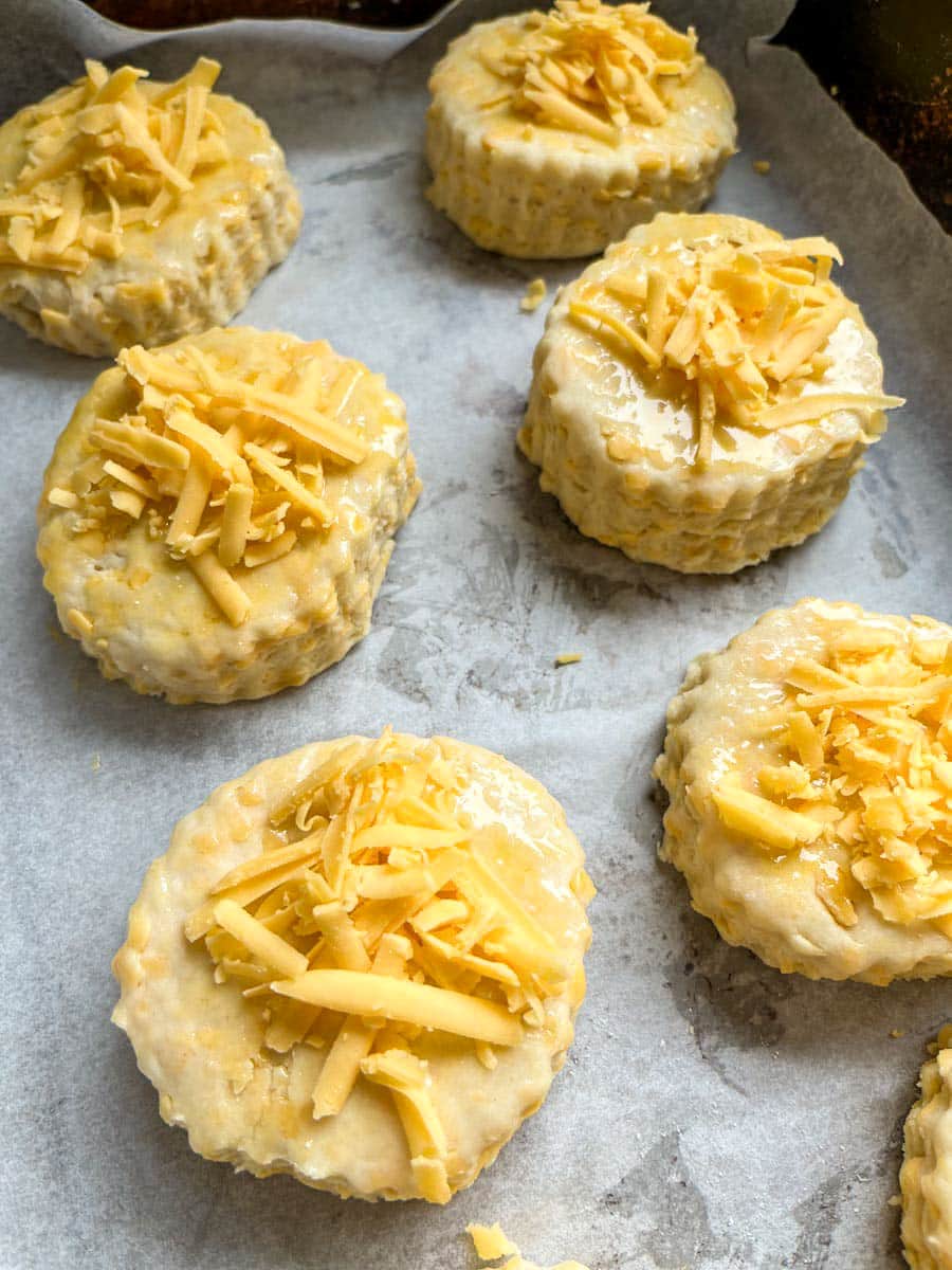 six unbaked cheese scones sprinkled with grated cheese on a lined baking tray.