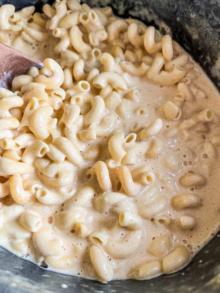 a slow cooker filled with macaroni cheese.