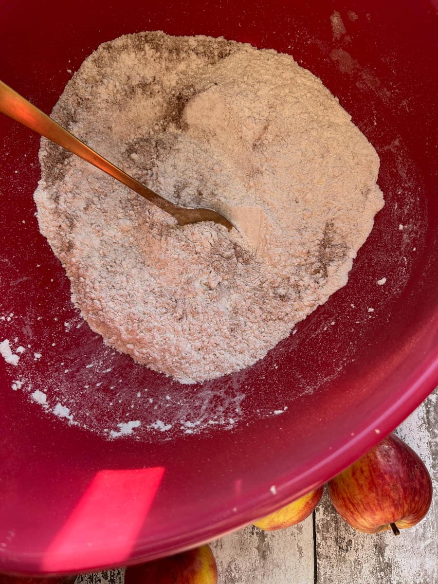 a red mixing bowl of flour and ground cinnamon with a gold spoon.