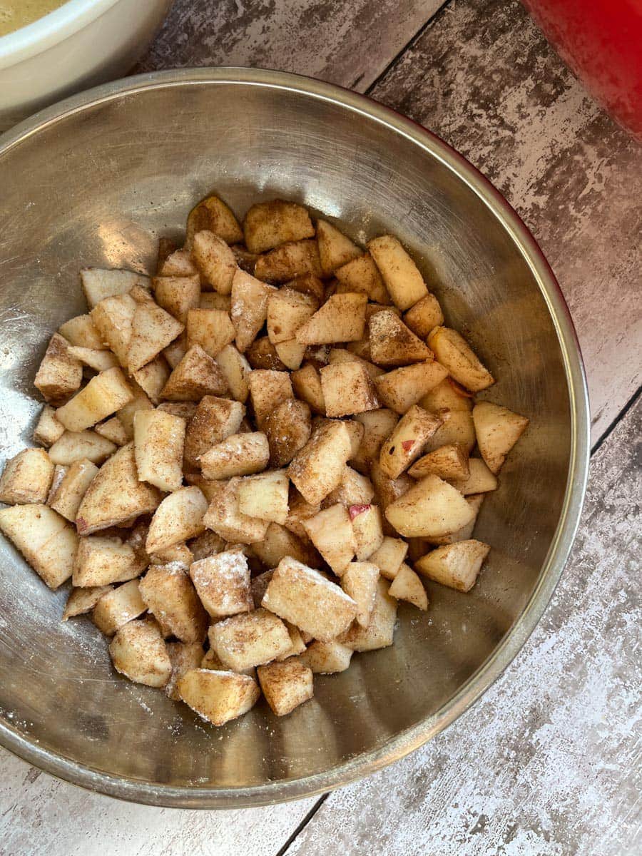 a silver bowl of diced apples coated in ground cinnamon.