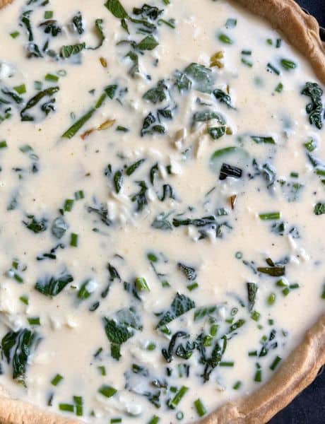 a pastry case filled with a milk, egg and cheese mixture and chopped fresh spinach and leeks.