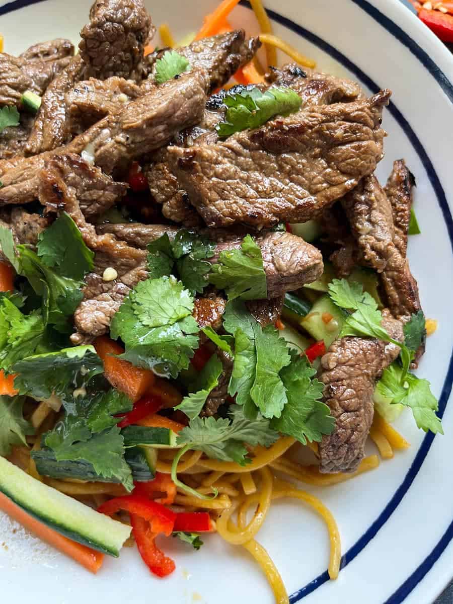 sliced steak with noodles, fresh coriander, fresh sliced red chilli, sliced carrot and cucumber in a white and blue plate.
