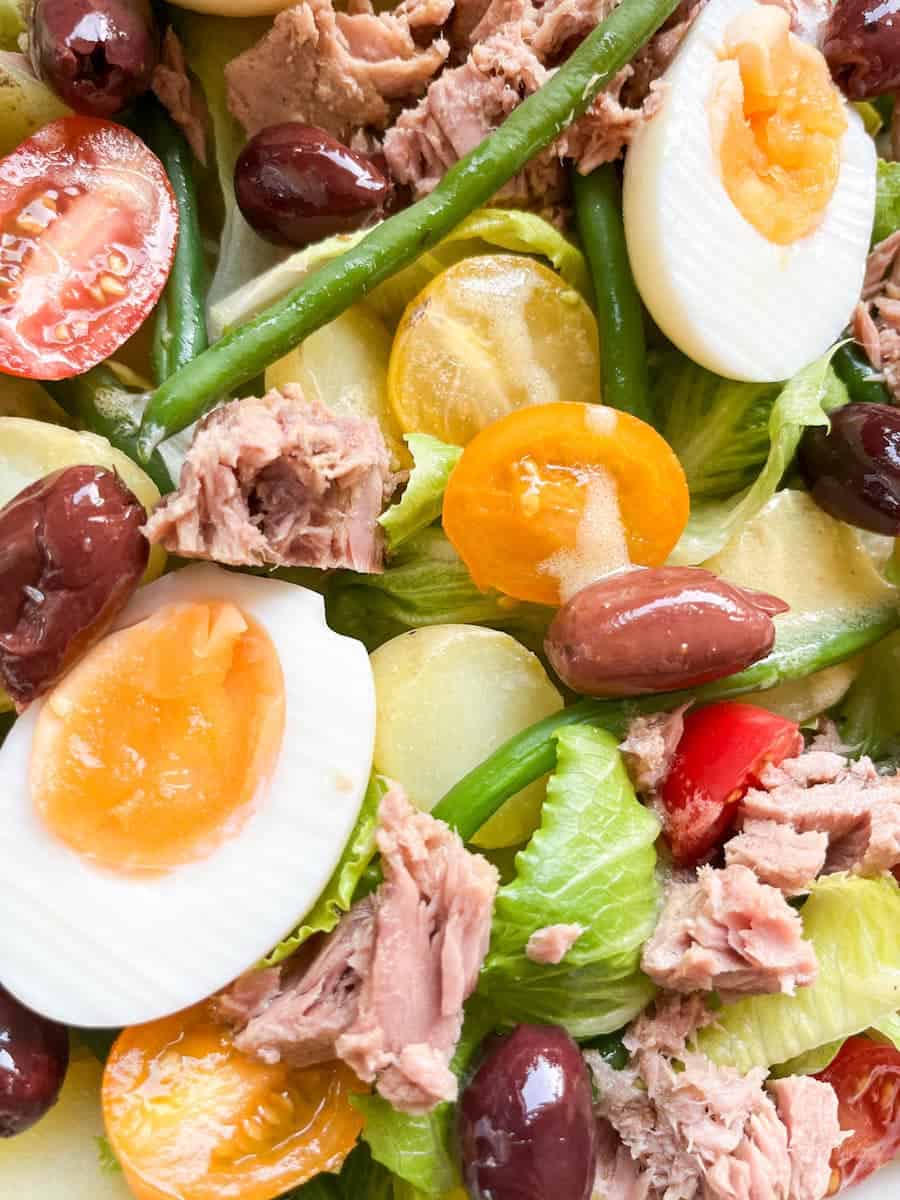 A close up image of a tuna and egg salad with black olives, cherry tomatoes and green beans.