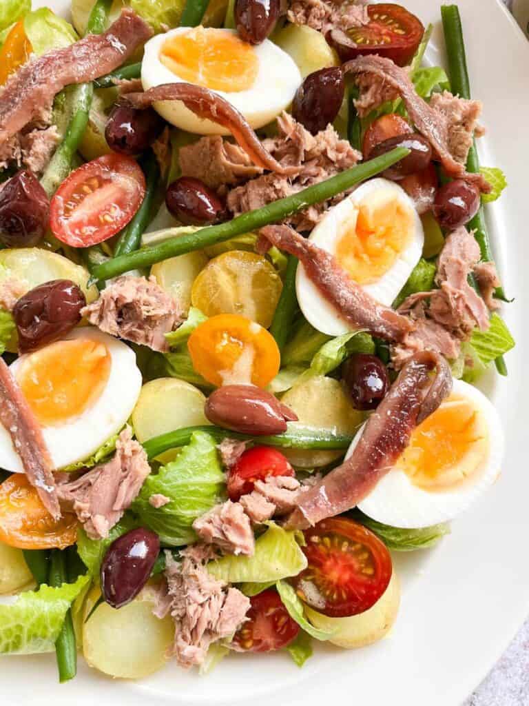 A Nicoise salad on a white plate with hard boiled eggs, black olives, lettuce, anchovies, tuna chunks, yellow and red tomatoes and green beans.