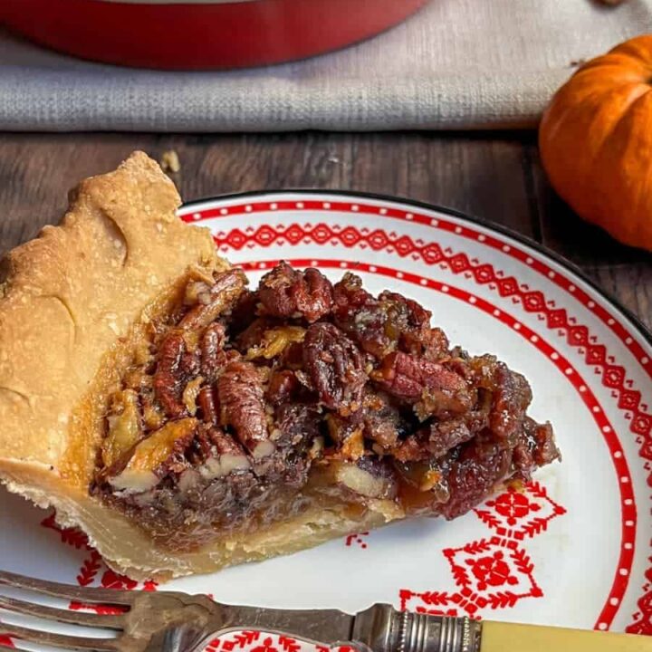 A large slice of pecan pie on a red and white plate with a fork.