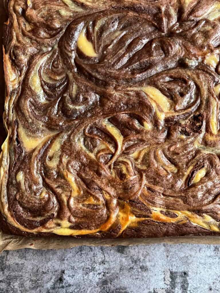 A chocolate Baileys Brownie with a cream cheese swirl.