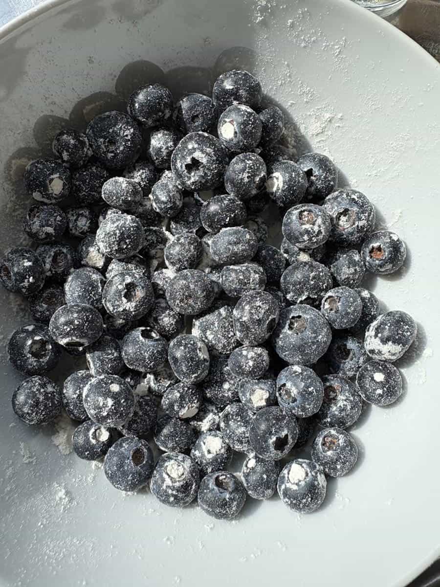 A white bowl of fresh blueberries coated in plain flour.